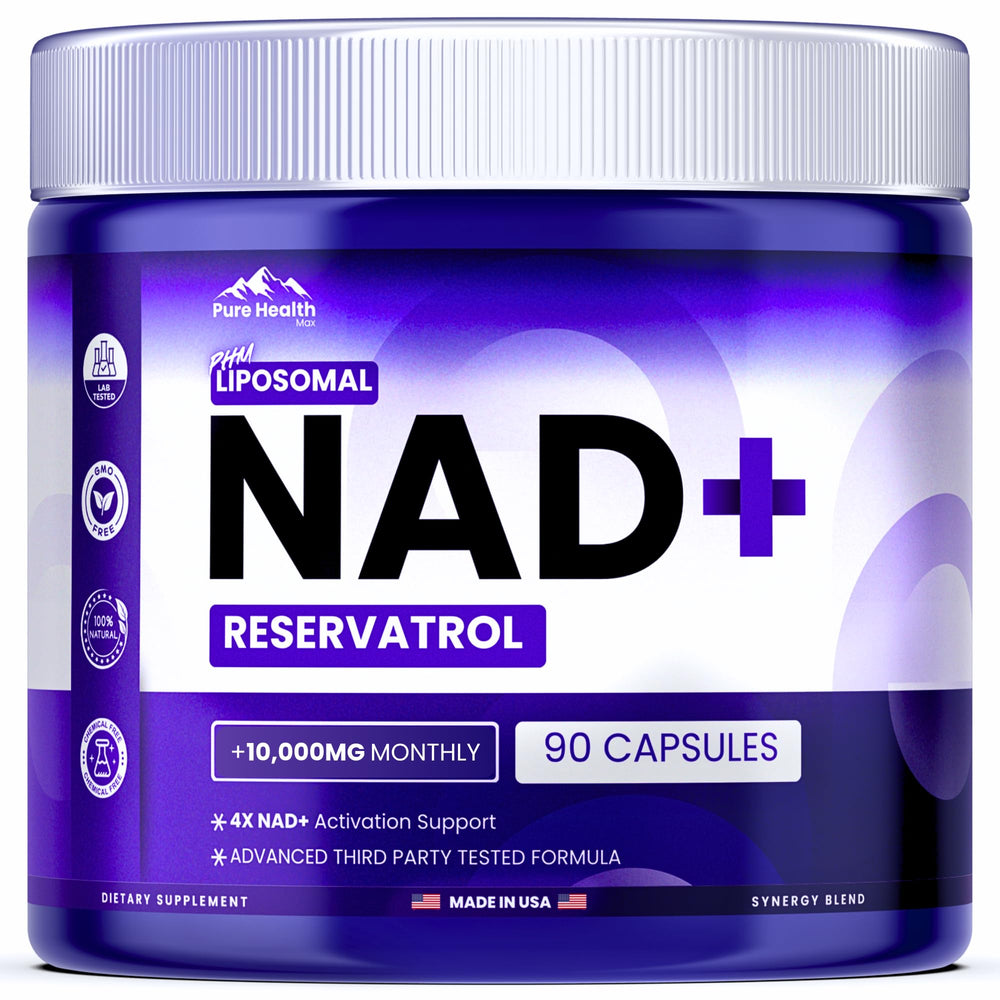 PURE HEALTH MAX PHM NAD Resveratrol supplement bottle for daily energy and focus.