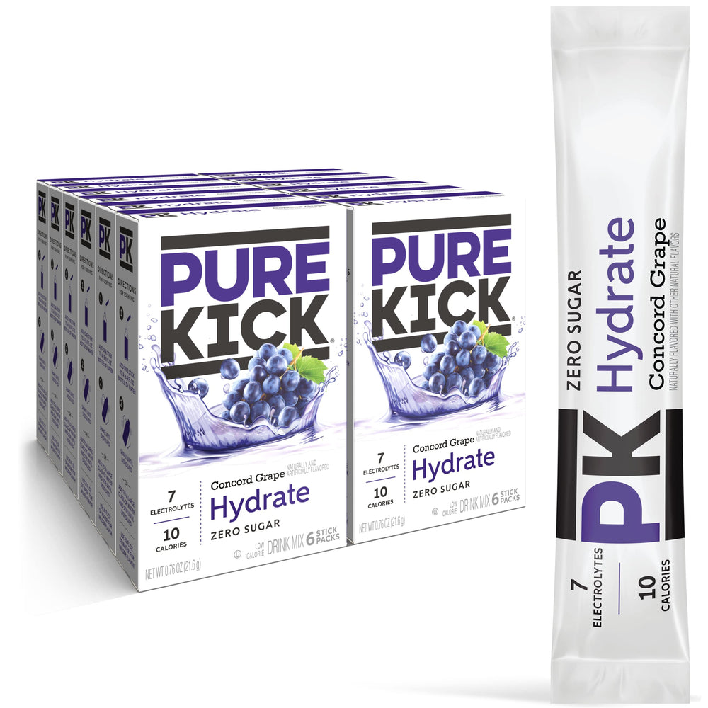PURE KICK Concord Grape bottle pour for quick hydration on the go.