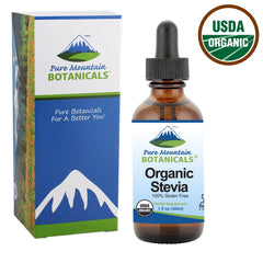 Pure Mountain Botanicals 1oz glass bottle stevia, ready for use.