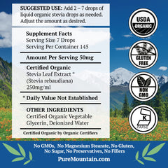 Pure Mountain Botanicals Kosher stevia liquid in a precise drop bottle.
