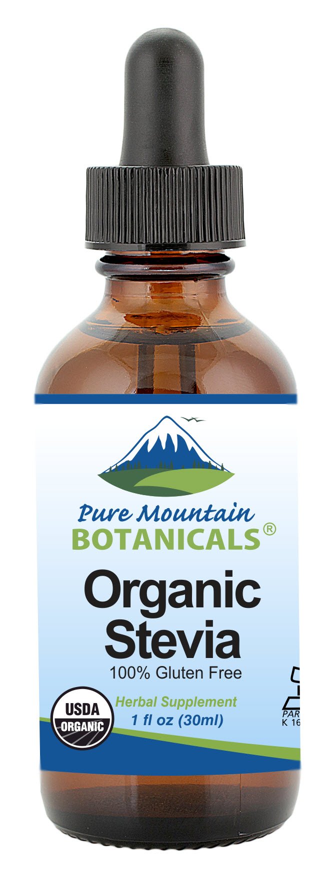 Pure Mountain Botanicals Organic Liquid Stevia bottle for sugar-free sweetness.