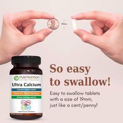 Pure Nutrition Natural Treasures Ultra Calcium tablet closeup highlighting calcium citrate malate for absorption
