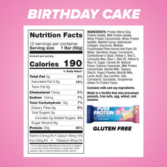 Pure Protein Birthday Cake bar on shelf, gluten-free snack between activities.