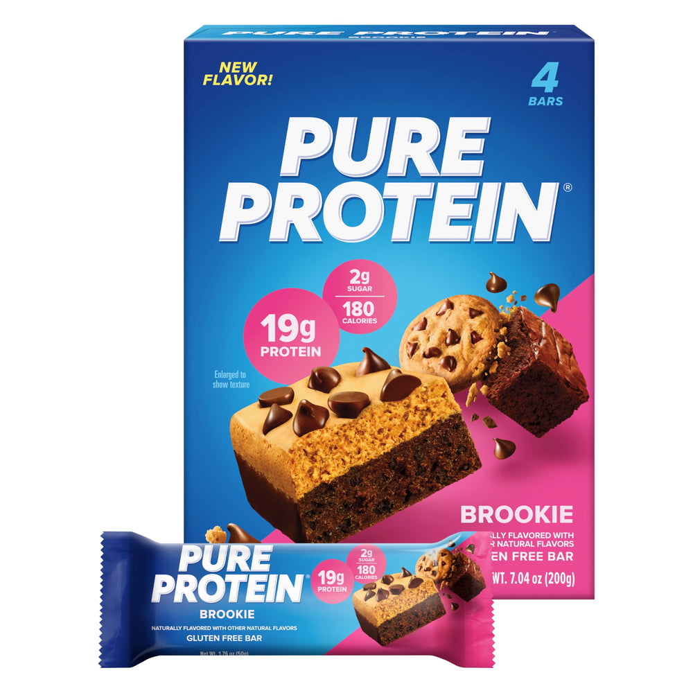 Pure Protein Brookie Bar box display highlighting a high-protein on-the-go snack.