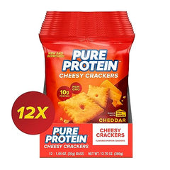 Pure Protein Cheesy Crackers 10g protein per serving emphasis.