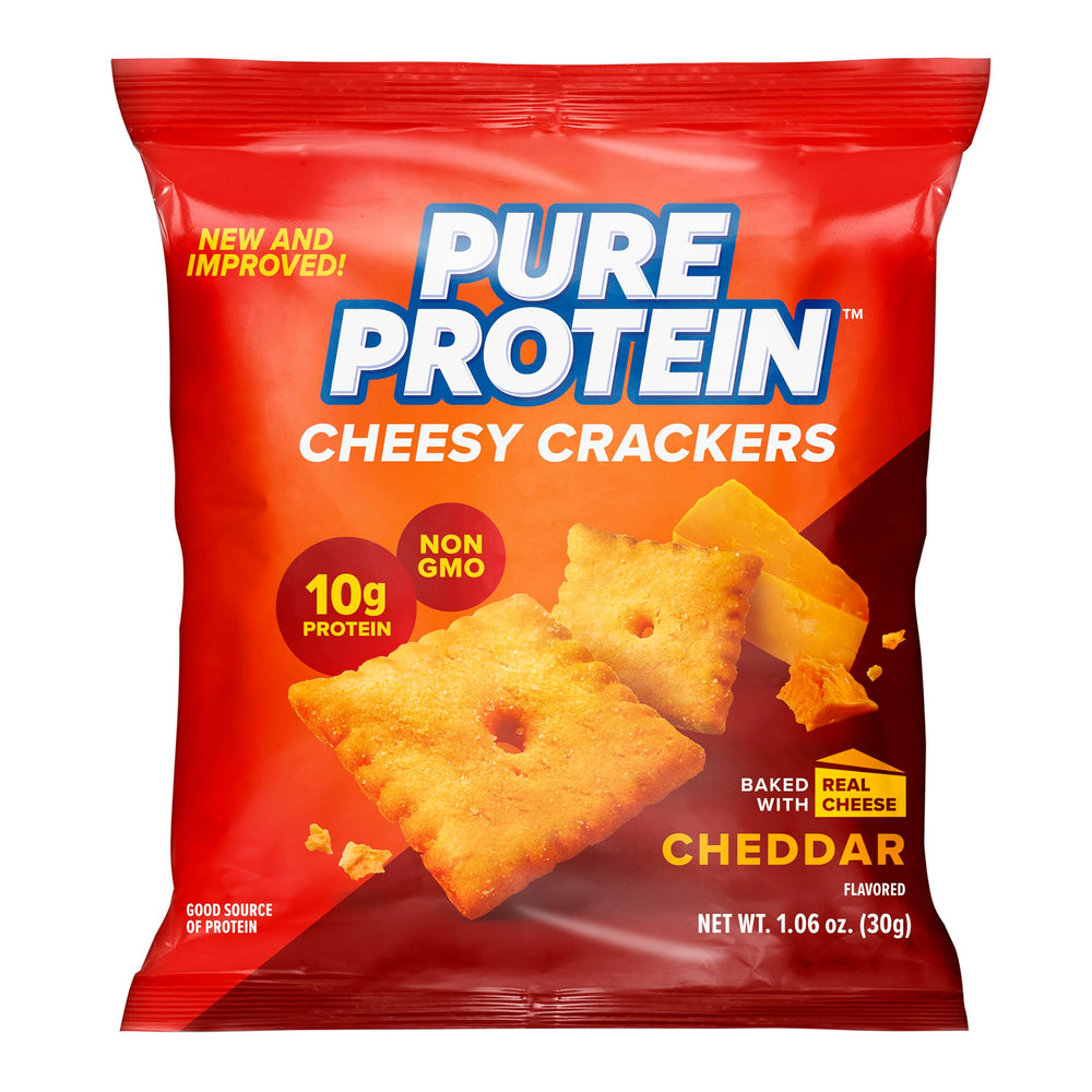 Pure Protein Cheesy Crackers cheddar packaging showing bold branding for a convenient snack.
