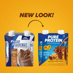 Pure Protein Chocolate Peanut Butter bottle side highlights nutrition panel and fiber.