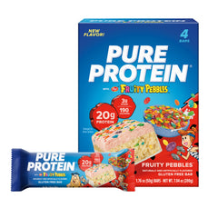 Pure Protein Fruity PEBBLES Bar pack in a gym bag for a convenient high-protein snack.