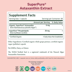Close-up of Pure Synergy SuperPure label highlights certified organic formula.