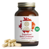 Pure Synergy SuperPure beta-glucan bottle front showing the clean label and algae-based formula.