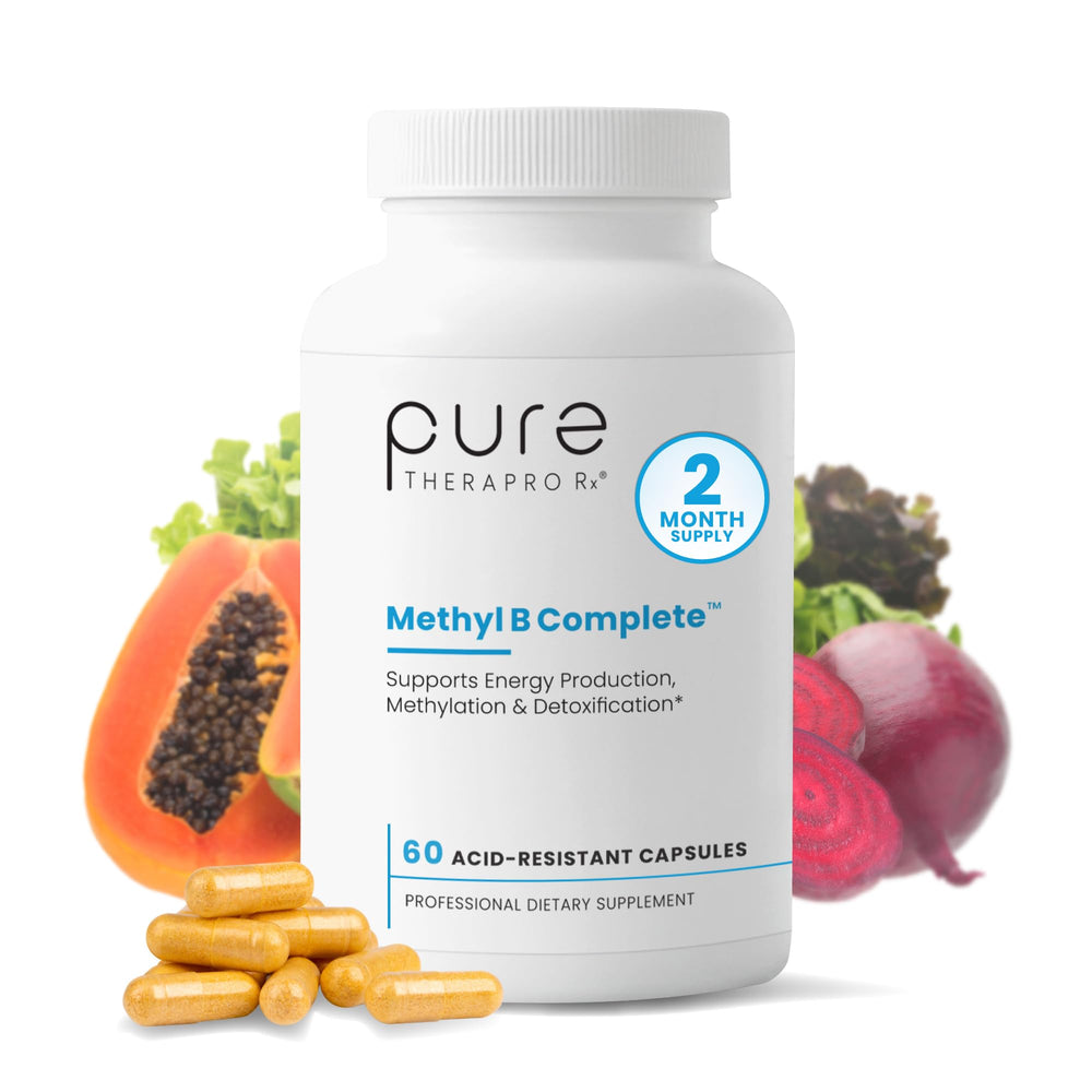 Pure Therapro Rx Methyl B Complete bottle front view, showcasing a comprehensive B vitamin blend for energy support.