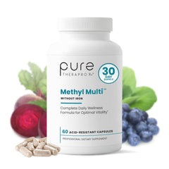 Pure Therapro Rx Methyl Multi without Iron bottle highlighting clean formulation and holistic wellness benefits