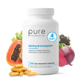 Pure Therapro Rx Methylated B Complex bottle label highlights Quatrefolic and essential B vitamins.