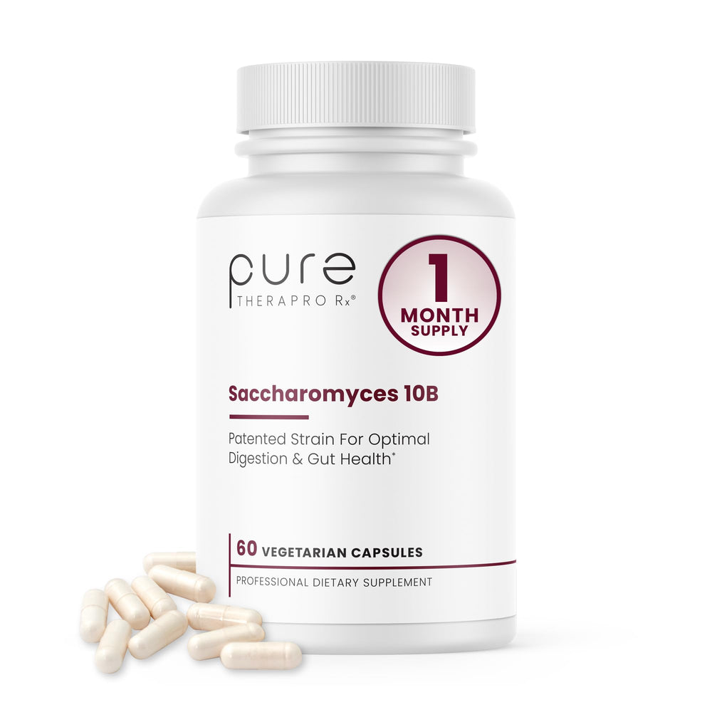 Pure TheraPro Rx Saccharomyces boulardii bottle demonstrates shelf-stable probiotic for daily balance.