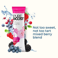 Pureboost Berry Boost glass with prepared drink on ice for hydration and focus.