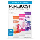 Pureboost Clean Energy Booster bottle label highlighting a sugar-free energy option