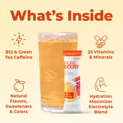 Pureboost glass with ice ready to sip a sugar-free energy drink