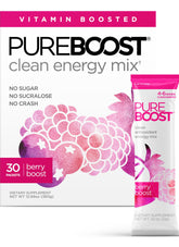 Pureboost Clean Energy Booster Berry Boost package close-up showing vibrant flavor and packaging.