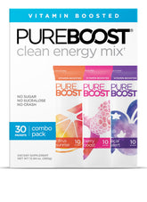 Pureboost Clean Energy Booster packet front shows branding for quick, sugar-free energy on the go.