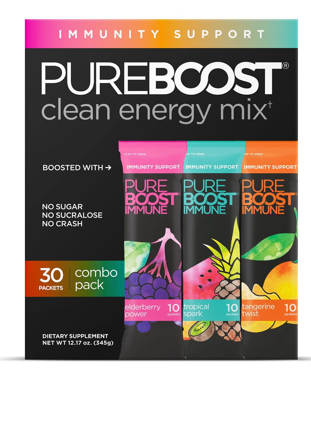 Pureboost Immune Clean Energy Booster bottle pour for a refreshing, sugar-free energy boost.