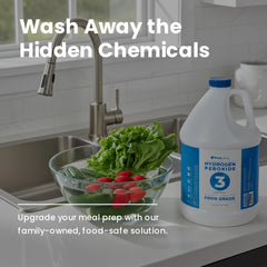 Kitchen cleaning scene with PURECHEM PROS 3% peroxide on countertops.