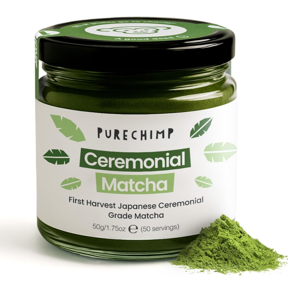 PureChimp ceremonial matcha powder in a glass jar ready for whisking and premium tea moments.