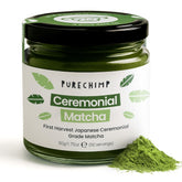 PureChimp ceremonial matcha powder in a glass jar ready for whisking and premium tea moments.