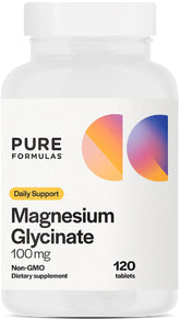 PureFormulas magnesium glycinate 100 mg bottle, convenient daily supplement for energy and relaxation.