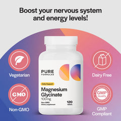 PureFormulas magnesium glycinate 100 mg daily use, bottle against backdrop for ongoing calm and rest.