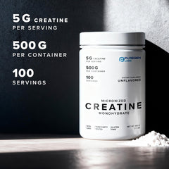 Puregen Labs 500g packaging showcases unflavored, additive-free creatine for workouts.