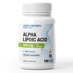 Puregen Labs Alpha Lipoic Acid 600mg bottle front; vegan capsule supports daily antioxidant needs.