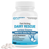 Puregen Labs Dairy Relief bottle demonstrates fast-acting lactase for lactose digestion.