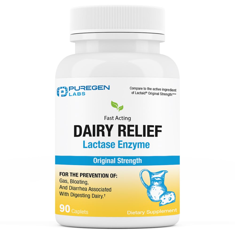 Puregen Labs Dairy Relief caplet bottle shows the product for lactose digestion after dairy meals.