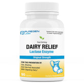 Puregen Labs Dairy Relief caplet bottle shows the product for lactose digestion after dairy meals.