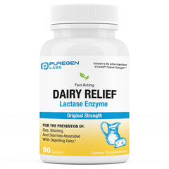 Puregen Labs Dairy Relief caplet bottle shows the product for lactose digestion after dairy meals.