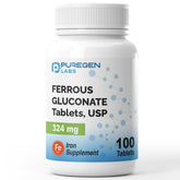Puregen Labs Ferrous Gluconate tablet close-up showing steady iron support.