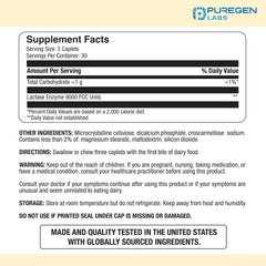 Puregen Labs lactase enzyme 3000 FCC caplets provide fast dairy digestion support.