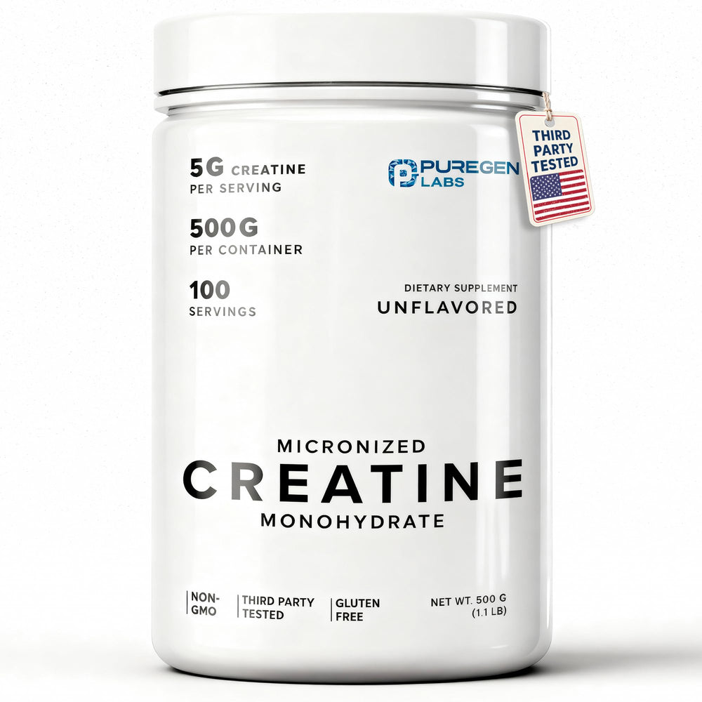 Puregen Labs Micronized Creatine Monohydrate bottle highlights pure formula and easy dosing.