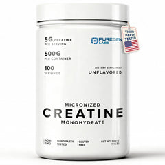 Puregen Labs Micronized Creatine Monohydrate bottle highlights pure formula and easy dosing.
