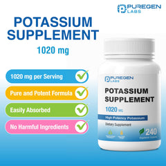 Puregen Labs potassium bicarbonate label shows non-GMO and gluten-free assurances.