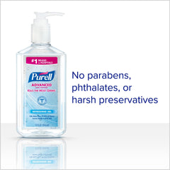 Purell Advanced Hand Sanitizer with mild formula and moisturizers keeps hands soft.