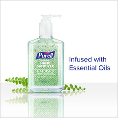 Purell Naturals bottle detail shows plant-based ethanol ingredients.