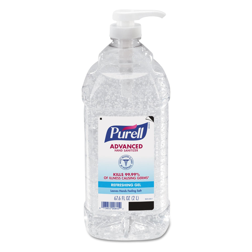 Purell Advanced Hand Sanitizer Refreshing Gel 2L pump bottle on a desk for quick protection