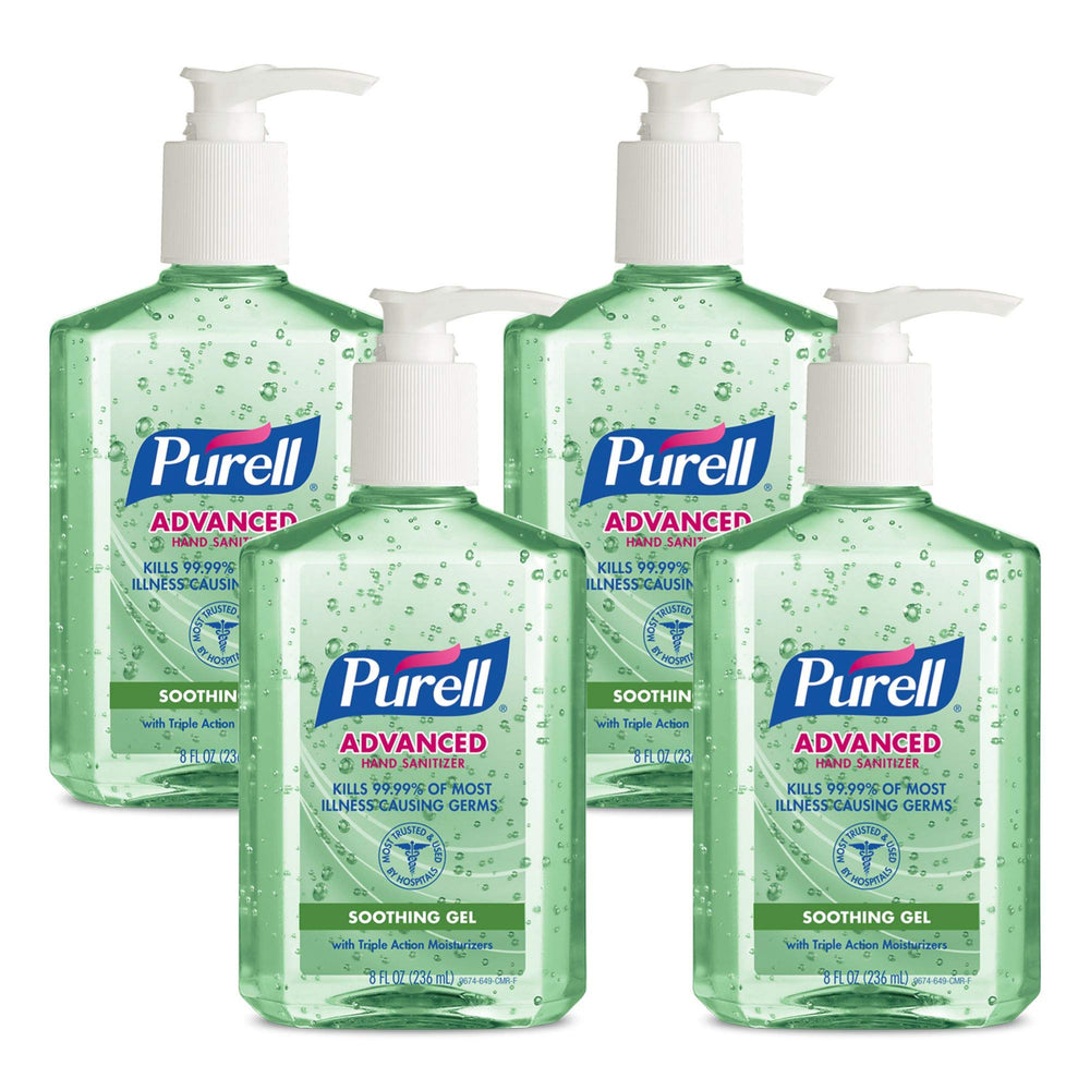 PURELL Advanced Hand Sanitizer Soothing Gel bottle; aloe moisturizes skin while killing germs.