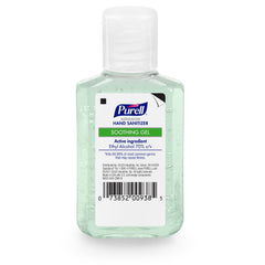 Close-up of Purell Soothing Gel bottle showing aloe and vitamin E benefits