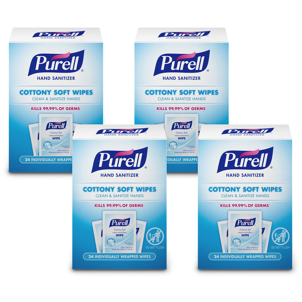 Purell Cottony Soft Wipes packaging showing four 24-count boxes for convenient on-the-go sanitizing.