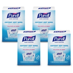 Purell Cottony Soft Wipes packaging showing four 24-count boxes for convenient on-the-go sanitizing.