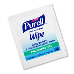 Purell hand sanitizing wipes box packaging, fragrance-free for quick germ elimination on the go.