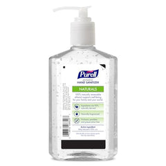 Close-up of Purell NATURALS label showing plant-based ethanol and skin conditioners.