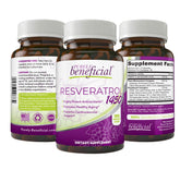 Purely beneficial Resveratrol1450 bottle and packaging highlighting premium antioxidants for daily wellness.